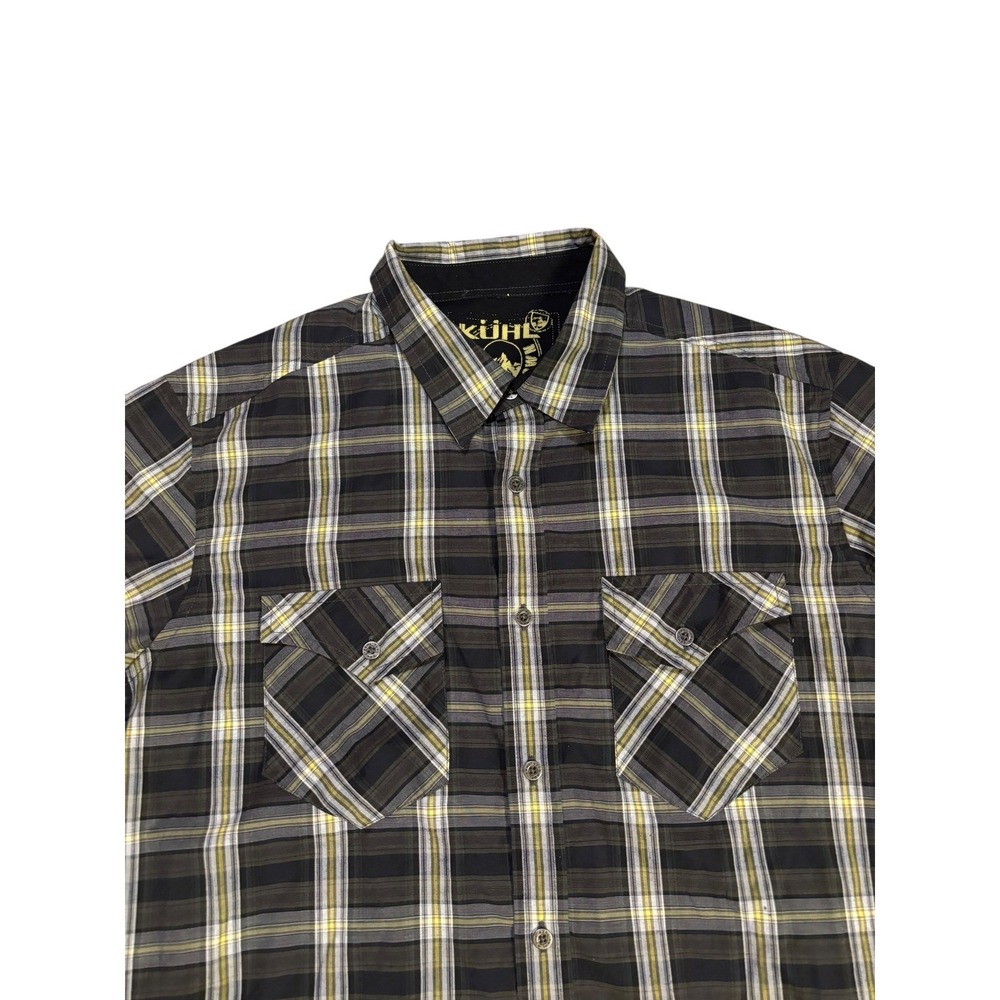 Kuhl Mens Medium Plaid Button Down Shirt Black Grey‎ Yellow Long Slv